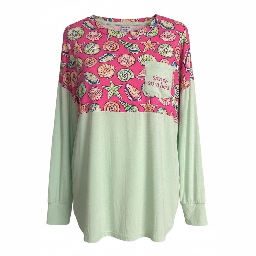 Simply Southern Seashell Print Long Sleeve Shirt - Pink and Mint
